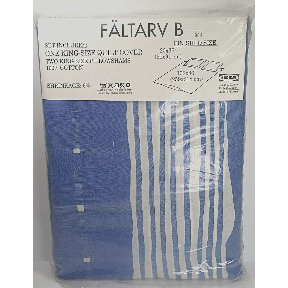 IKEA FALTARV B KING Quilt Cover Set w/2 Pillowcases Blue White Stripe